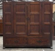 19TH C. JOINED DEAL LIVERY CUPBOARD, central panel doors above apron drawers, 145 (h) x 154 (w) x