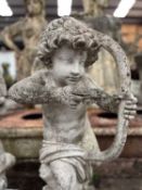 RECONSTITUTED STONE FIGURES OF CUPID drawing their arrows, plinth base, 96cms (h) (2) Provenance: