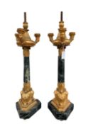 PAIR OF LOUIS PHILIPPE STYLE MARBLE & ORMOLU THREE-BRANCH CANDELABRA, chamfered triangular