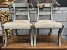 PAIR OF INDIAN DINING CHAIRS, with white metal foil veneer and ram’s head finials, stuffover