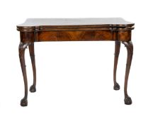 GEORGE II MAHOGANY CARD TABLE, with outset corners enclosing later needlework inset playing surface,