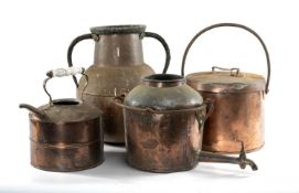 FOUR COPPER VESSELS, including large kettle, covered saucepan, large two-handled vase, 47cms (h),