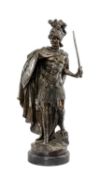 FRENCH BRONZE FIGURE OF ROMAN EMPEROR wearing plumed helmet and holding shield and sword, 70cms (