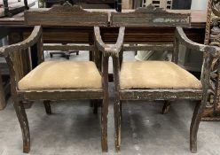 PAIR OF INDIAN SADELI WORK ARMCHAIRS, shaped bowed backs, down swept arms, tapering square seat,