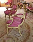 PAIR OF LOUIS XVI STYLE GILTWOOD FAUTEUILS, later painted, padded backs, arms, and seats in