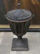 EDWARDIAN METAL URN & COVER, fitted for electricity, possibly a conservatory heater, 80cms (h)