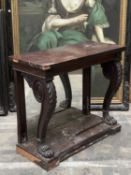 GEORGE IV MAHOGANY PIER TABLE, acanthus scrolled lion's paw feet to platform base, mirror back,