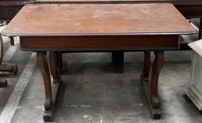 REGENCY STYLE MAHOGANY CENTRE TABLE, rectangular with scroll legs on plinth supports, 74 (h) x