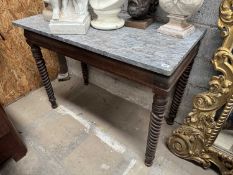 19TH C. CONTINENTAL SIDE TABLE, later rectangular grey marble top, raised on tapering spiral legs,
