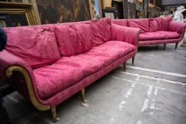 PAIR OF LARGE REGENCY GILTWOOD SETTEES, scroll ends, on tapering square legs, ceramic casters,