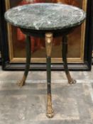 EMPIRE STYLE PARCEL GILT TRIPOD TABLE, with green marble top, carved bird headed sabre legs, lion'