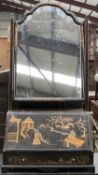 GEORGE I STYLE GOLD & BLACK JAPANNED TOILET MIRROR, shaped plate between square section uprights,