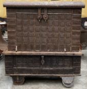 INDIAN HARDWOOD DOWRY TRUNK ON STAND, with iron strap, locks, handles, and wheeled base (2), 140 (h)