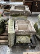 LARGE PAIR OF RECONSTITUTED STONE OR TERRACOTTA PEDESTALS, modelled as Corinthian capitals, 97cms (