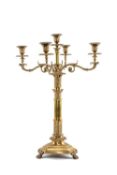 LACQUERED BRASS FIVE-BRANCH CANDELABRUM, acanthus leaf ornament above concave platform base with