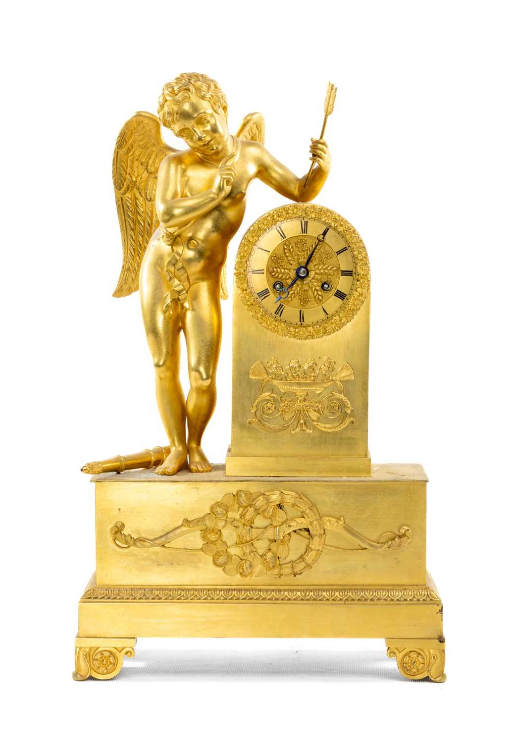 EMPIRE STYLE GILT BRONZE FIGURAL MANTEL CLOCK, with cupid surmount holding arrow, on plinth base