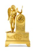 EMPIRE STYLE GILT BRONZE FIGURAL MANTEL CLOCK, with cupid surmount holding arrow, on plinth base