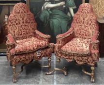 PAIR OF WILLIAM & MARY STYLE ARMCHAIRS, arched padded backs, scrolled arms, and loose cushion seats,