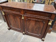 19TH C. MAHOGANY SIDEBOARD, Egyptian revival, two blind panel cupboards, tapering supports, Egyptian