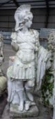 RECONSTITUTED STONE FIGURE OF MARS, after the antique, wearing plumed helmet and holding spear