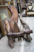 UNUSUAL NATURAL RECLAIMED WOOD ARMCHAIR, with rope strung seat, 116 (h) x 80 (w) x 90cms (d)