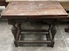 OAK PULL-OUT EXTENDING DINING TABLE, vase shaped supports, rectangular stretcher base, 80 (h) x