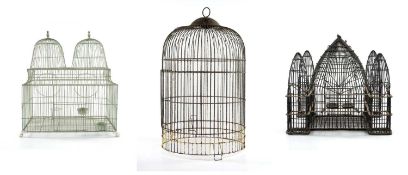 THREE VINTAGE BIRDCAGES, painted metal, 86cms the tallest Provenance: The Cornelia Bayley Collection