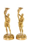 PAIR 19th C. STYLE GILT BRONZE FIGURAL TABLE LAMPS, standing figures holding cornucopia, 45cms (
