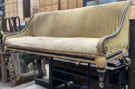 REGENCY STYLE GOLD & BLACK EBONISED SETTEE, upholstered in yellow fabric, down swept acanthus leaf