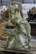 LARGE MOULDED CONCRETE FIGURAL BIRD BATH, modelled as maiden with roses in her hair, semi-draped and