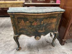 FRENCH GILT JAPANNED SERPENTINE COMMODE, shallow relief landscape decoration, cabriole legs with