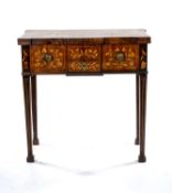 DUTCH STYLE MARQUETRY FOLD-OVER GAMES TABLE, rectangular fold-over top with flowering urn, scroll