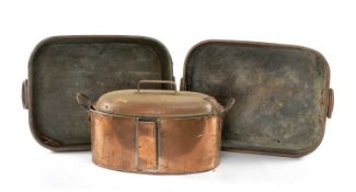 THREE COPPER COOKING VESSELS, including fish kettle with liner and cover, 54 x 30cms (3) Comments: