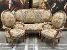 PARCEL-GILT & PAINTED SALON SUITE, in the 18th C. French style, comprising settee 106cms (h) and