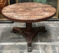 EARLY VICTORIAN ROSEWOOD BREAKFAST TABLE, tilt-action top, column support, concave platform base,