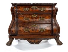 18TH C. STYLE DUTCH MARQUETRY BOMBE COMMODE, top inlaid with recumbent putti and flowers, outset