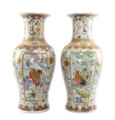 LARGE PAIR MODERN CHINESE PORCELAIN BALUSTER VASES, decorated with panels of birds, flowers and