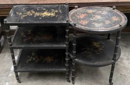 TWO BLACK & GOLD LACQUER TEA TROLLEYS, chinoiserie decorated with Oriental flowers between simulated
