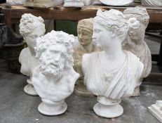 ASSORTED DECORATIVE BUSTS, various materials, including classical figures, tallest 76cms (h) (5)
