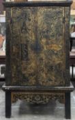 THAI BLACK AND GOLD LACQUER MANUSCRIPT CABINET, tapering form, painted red interior with shelves,