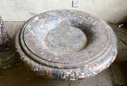 LARGE PAIR OF POLISHED VARIEGATED MARBLE SHALLOW URNS, on socle pedestals, 50 (h) x 100cms (diam.)