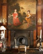 G. THOMPSON oil on canvas - reproduction double portrait of two children and their playful dog,