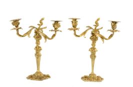PAIR 19th C. FRENCH GILT BRONZE TWO-BRANCH CANDELABRA, acanthus scrolled arms above satyr bust stems