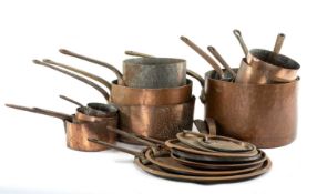 LARGE QUANTITY OF COPPER KITCHEN WARE, mostly saucepans with covers, largest vessel 31cms (diam.) (
