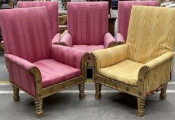 FIVE LARGE GILTWOOD ARMCHAIRS, high backs, splay arms, tapering spiral legs, square feet, 117cms (h)