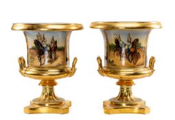 PAIR EMPIRE STYLE PORCELAIN CAMPANA VASES, painted on one face with soldiers on horseback,