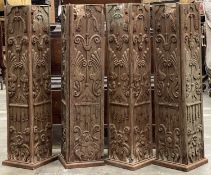 FOUR CARVED ARCHITECTURAL HARDWOOD ELEMENTS, possibly from lintel or doorway, each 88cms (h) (4)