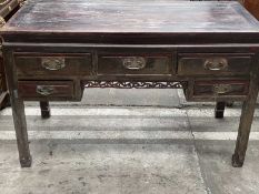 CHINESE HARDWOOD KNEEHOLE DESK, pierced apron above arrangement of five drawers, 83 (h) x 130 (w)