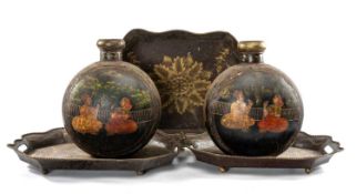 PAINTED METAL ORNAMENTS, comprising pair of Indian Mughal style flasks, 43cms (h), and graduated set