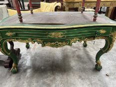 ROCOCO STYLE GREEN & GILT PAINTED LIBRARY DESK, possibly Italian, single frieze drawer, Serpentine